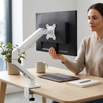 Bras d'écran Femme ajustant un écran installé sur un bras articulé blanc fixé au bureau, avec ordinateur portable et accessoires