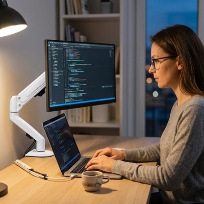 Bras d'écran Femme travaillant sur un ordinateur portable avec un écran installé sur un bras articulé blanc, dans un bureau le soir.