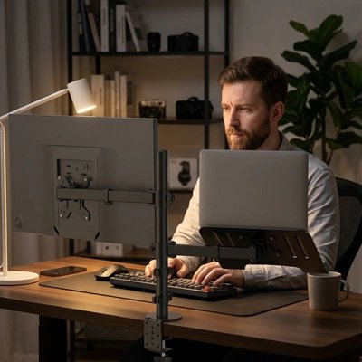 Bras d'écran Homme travaillant à un bureau avec écran et ordinateur portable installés sur un support double réglable