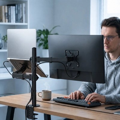 Bras d'écran Homme travaillant sur ordinateur avec écran et ordinateur portable installés sur un support de bureau réglable