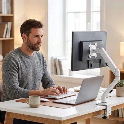 Bras d'écran Homme travaillant sur ordinateur avec un écran installé sur un bras articulé blanc fixé au bureau