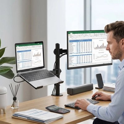 Bras d'écran Homme travaillant sur ordinateur avec écran et ordinateur portable installés sur un support double réglable