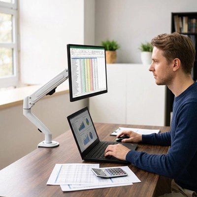 Bras d'écran Homme travaillant sur ordinateur portable avec un écran installé sur un bras articulé blanc, devant des tableaux et une calculatrice