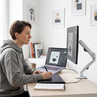 Bras d'écran Personne dessinant sur une tablette graphique avec ordinateur portable et écran installé sur un bras articulé blanc