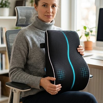 Coussin pour lombaire Femme présentant un coussin lombaire ergonomique noir avec soutien du dos, assise sur une chaise de bureau