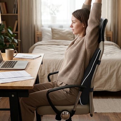 Coussin pour lombaire Femme s’étirant sur une chaise de bureau avec un coussin lombaire ergonomique, devant un ordinateur portable