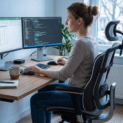 Coussin pour lombaire Femme travaillant sur deux écrans avec un coussin lombaire ergonomique installé sur sa chaise de bureau