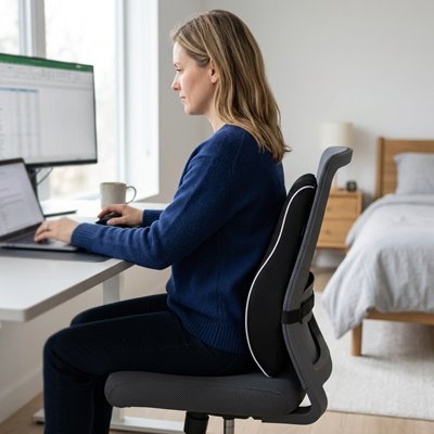 Coussin pour lombaire Femme travaillant sur ordinateur avec un coussin lombaire ergonomique installé sur sa chaise de bureau