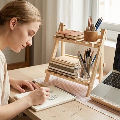 Etagere bureau Femme dessinant à un bureau avec ordinateur portable et étagère en bois à deux niveaux pour ranger livres et fournitures