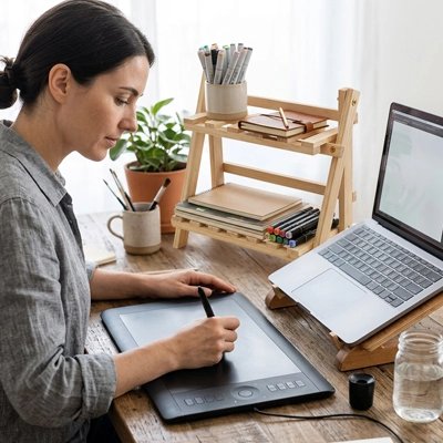 Etagere bureau Femme dessinant sur une tablette graphique à un bureau avec ordinateur portable et étagère en bois pour ranger livres et fournitures