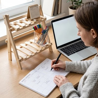 Etagere bureau Femme organisant son planning à un bureau avec ordinateur portable, étagère en bois, calendrier et fournitures.