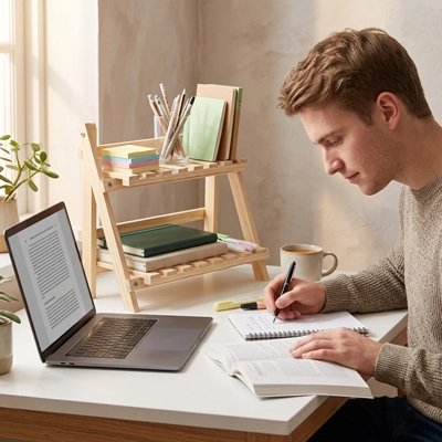 Etagere bureau Homme étudiant à un bureau avec ordinateur portable, livres et étagère en bois pour ranger fournitures et accessoires