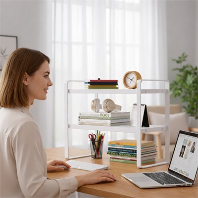 Etagere sur bureau femme organisée