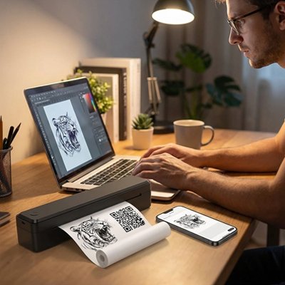 Imprimante thermique  ordinateur papier telephone portable homme travail freelance