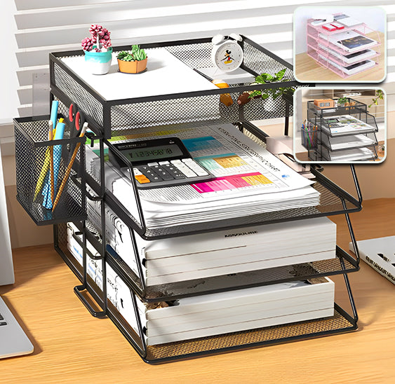 organisateur bureau bac courrier metal noir 3 niveaux plateau droit vignettes