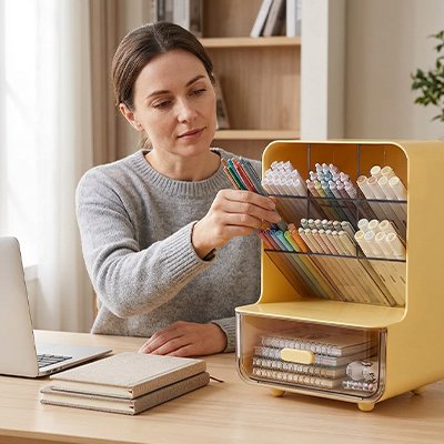 Organisateur de bureau jaune crayons feutres papier 