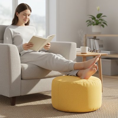 Pouf​ repose pied Femme lisant dans un fauteuil avec les pieds posés sur un pouf rond jaune, dans un salon lumineux
