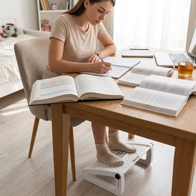 Repose pieds bureau étude administratif femme télétravail