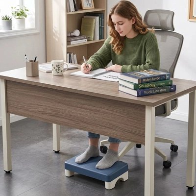 Repose pieds bureau Femme étudiant à un bureau avec livres et cahier, les pieds posés sur un repose-pieds ergonomique bleu
