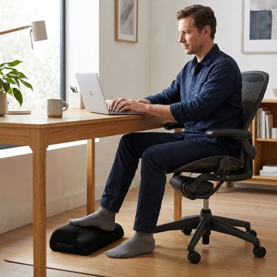 Repose pieds bureau homme télétravail chaise relax fenetre