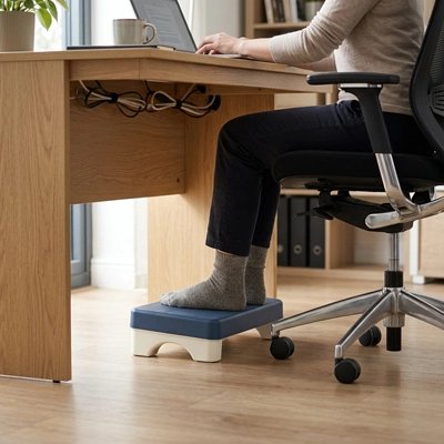 Repose pieds bureau Personne travaillant à un bureau avec les pieds posés sur un repose-pieds ergonomique bleu sous le poste de travail