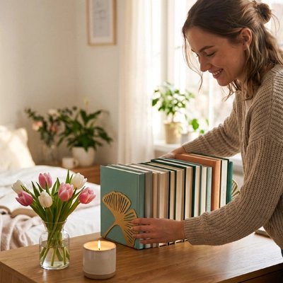 Serre livre Femme rangeant des livres maintenus par un serre-livres décoratif sur une table en bois, près de tulipes et d’une bougie