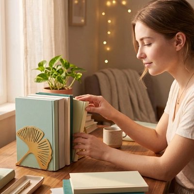 Serre livre Femme rangeant des livres maintenus par un serre-livres décoratif sur une table en bois, près d’une plante et d’une tasse