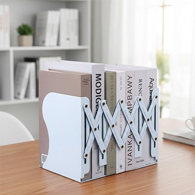 Serre livres retractable grande capacité blanc plein de livre