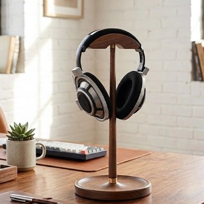 Support casque audio posé sur un support de bureau en bois, avec base ronde, devant un clavier et une petite plante