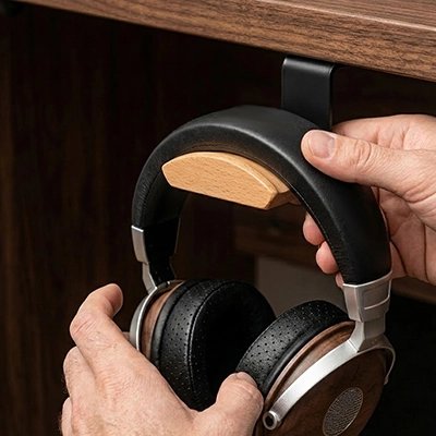 Support casque​ bureau bois fixation 