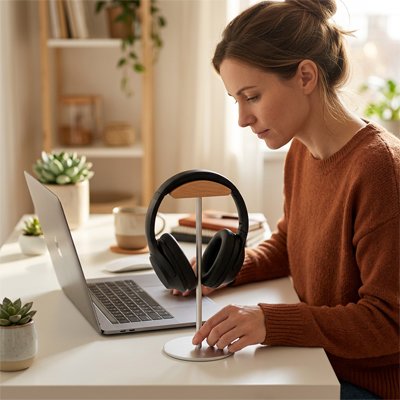 Support casque​ bureau rangement femme travail prise rapide efficace
