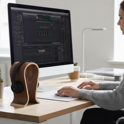 Support casque​ en bois et forme en U bureau ordinateur