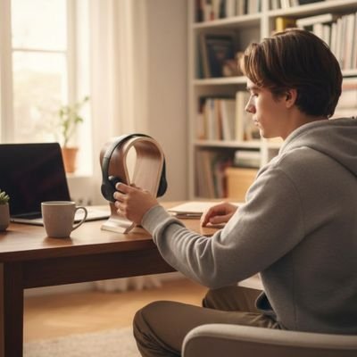 Support casque​ en bois et forme en U pose café