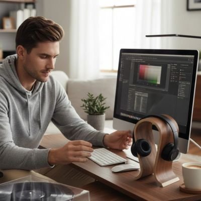Support casque​ en bois et forme en U télétravail homme bureau freelance