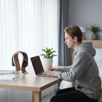 Support casque​ en bois et forme en U télétravail homme bureau
