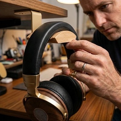 Support casque​ étagère bois fixation rapide homme précision