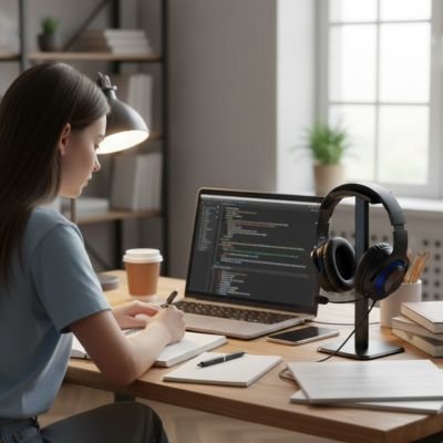 Support casque Femme travaillant à son bureau avec ordinateur portable, casque audio sur support, lampe, cahiers et tasse de café
