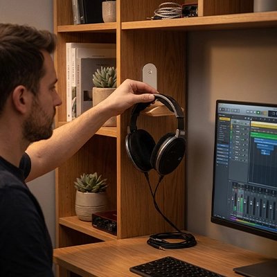 Support casque​ Homme accrochant un casque audio sur un support mural en bois et métal, installé près d’un écran d’ordinateur