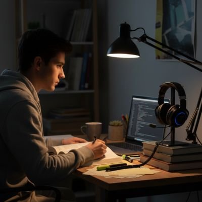 Support casque Homme travaillant à son bureau avec ordinateur portable, casque audio sur support, lampe de bureau, livres et fournitures