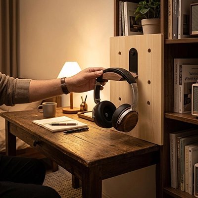 Support casque​ Main accrochant un casque audio sur un support mural en bois et métal, installé sur un panneau près d’un bureau.