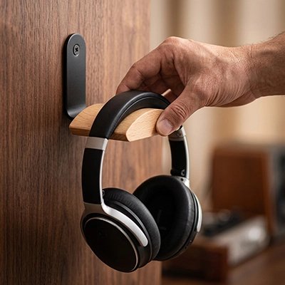 Support casque​ Main posant un casque audio noir sur un support mural en bois et métal fixé à un panneau en bois