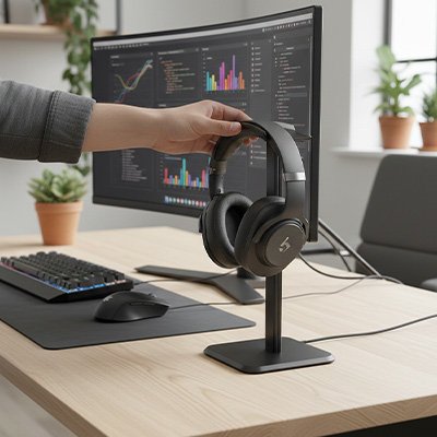 Support casque Main posant un casque audio noir sur un support de bureau devant un écran d’ordinateur, avec clavier et souris