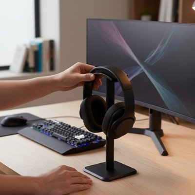 Support casque Main posant un casque audio noir sur un support de bureau devant un écran d’ordinateur, avec clavier et souris