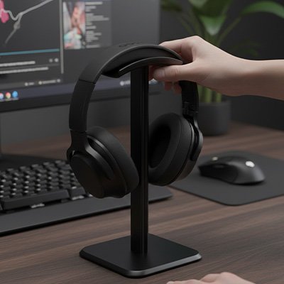 Support casque Main posant un casque audio noir sur un support de bureau vertical, devant un ordinateur avec clavier et souris