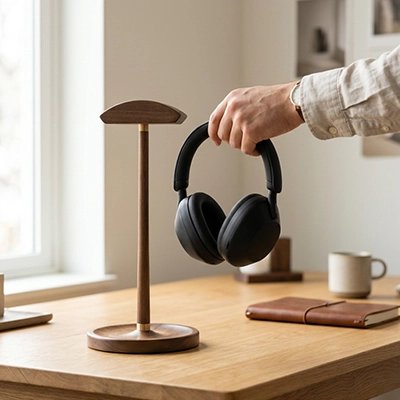 Support casque​ Main tenant un casque audio noir à côté d’un support de bureau en bois avec base ronde, posé sur une table.
