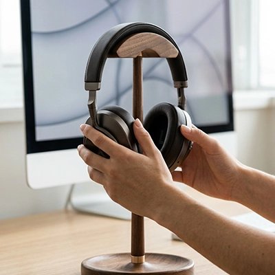 Support casque​Mains posant un casque audio noir sur un support de bureau en bois avec base ronde, devant un écran d’ordinateur