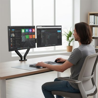 Support ecran PC double télétravail noir freelance indépendants etude hybride organisé