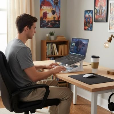 Support ordinateur portable avec clavier étudiant travaillant à domicile