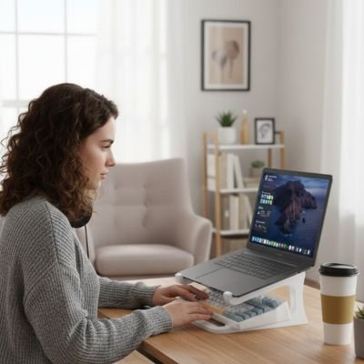 Support ordinateur portable femme freelance travail avec café