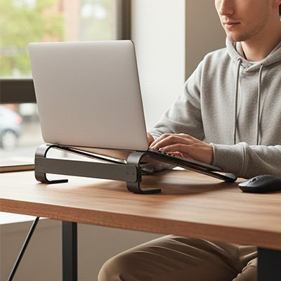 Support PC portable sur bureau étudiant travail